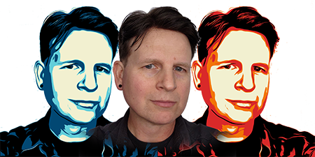 A picture of Thomas Karl. A decent looking fella of the caucasian persuasion with short,
         dark hair parted to the side. He is wearing black stud earrings and a black shirt. To the left of him is a 4 color vector art portrayal
          of him in black, dark blue, light blue and cream. To the right of him is the same vector art portrayal but in black, red, orange and cream.